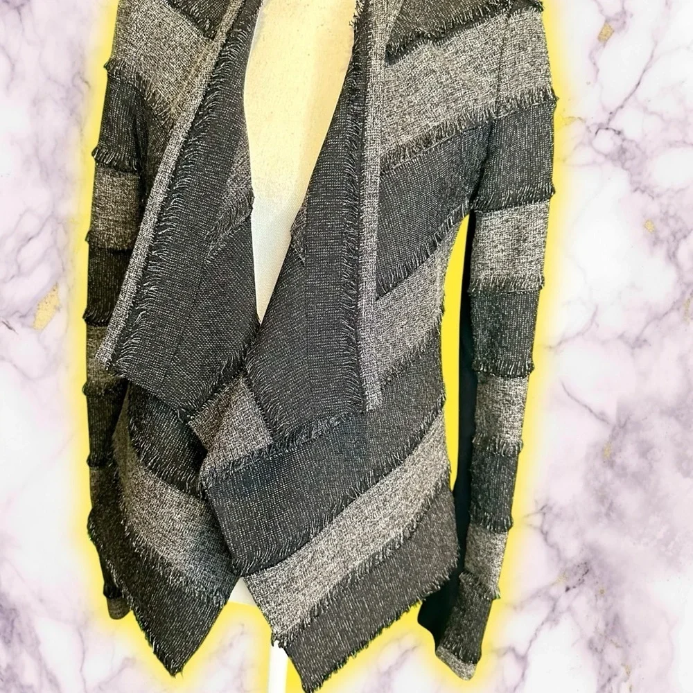 NWOT BCBGMaxAzria ‘Aubree’ Tweed Draped Front Jacket in Black & Gray Stripe XXS